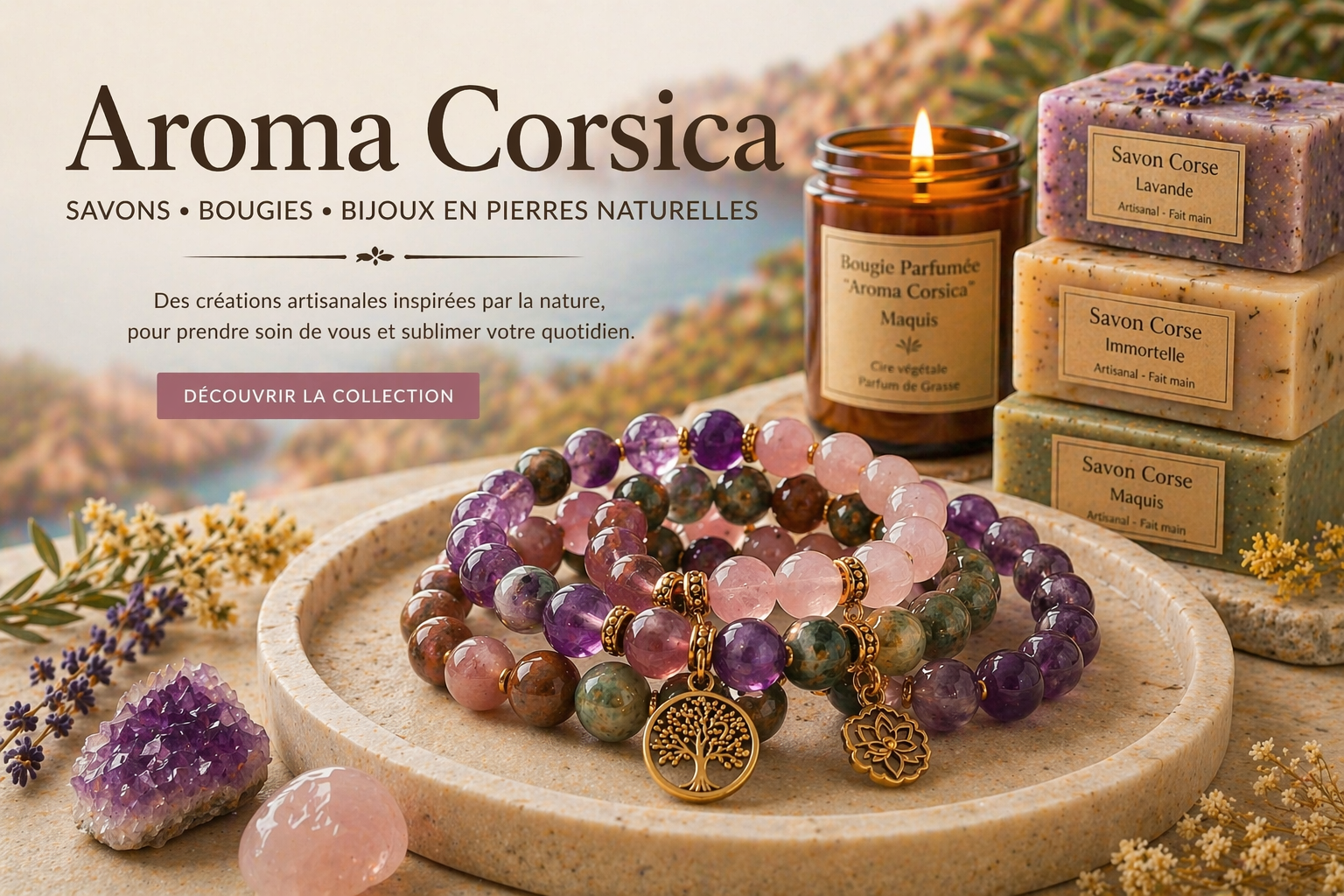 Produits bien-être naturels. Savons, bougies, bijoux